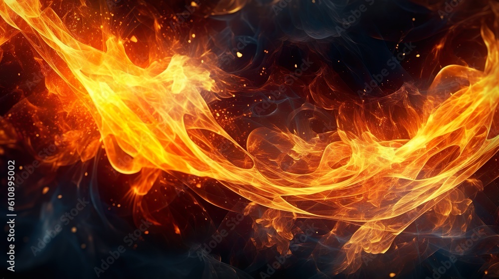 Abstract background with hot fire moving shapes with sparks flowing and blazing in close up view. Bright glowing flame modern wallpaper. Horizontal illustration for banner design. Generative AI.