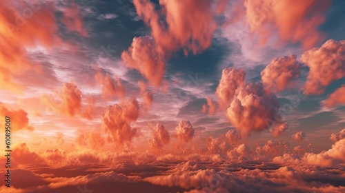 Abstract background with beautiful sky in aerial view. Heaven skyline with pink glowing fluffy clouds of different shapes, modern wallpaper. Horizontal illustration for banner design. Generative AI.