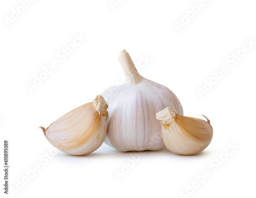 Single fresh white garlic bulb with segments isolated on white background with clipping path, Thai herb is great for healing several severe diseases, heart attack, Hyperlipidemia