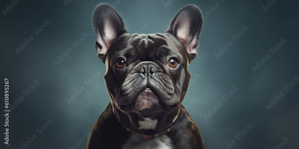 Studio photo shot close-up of French Bulldog on plain blurry background with copy space. Generative AI