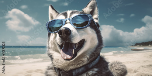 Happy Beach Buddy: Alaskan Malamute Dog Wearing Sunglasses and Flashing a Funny Face, Spreading Joy by the Ocean. Generative AI