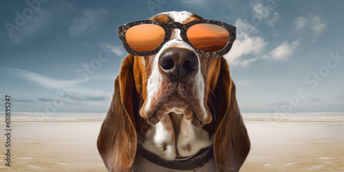 Hilarious Hound: Funny-Faced Basset Hound Dog Enjoying the Sunny Beach. Generative AI