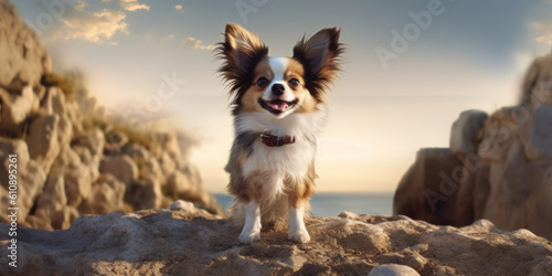 Quirky Canine: Adorable Papillon Dog with a Funny Expression Poses in Shades. Generative AI