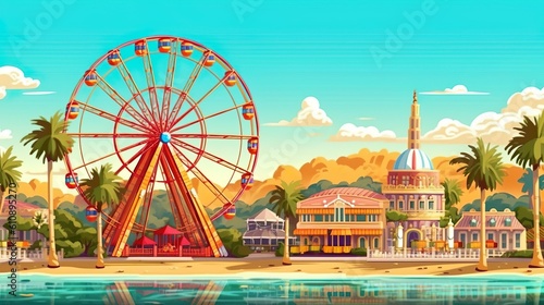 Abstract background ferris wheel. excitement of a ferris wheel ride through a vibrant illustration with abstract background and stunning banner design. Generative AI.