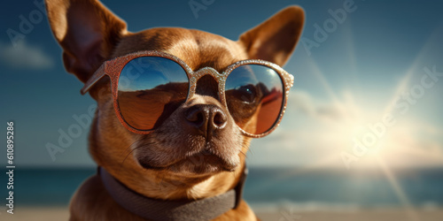Pawsitively Adorable: Chihuahua Dog Strikes a Pose on the Beach. Generative AI