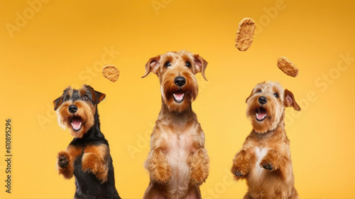 Studio Shot: Airedale Terrier Dogs Showing Agility in Treat Catching. Generative AI © Bartek
