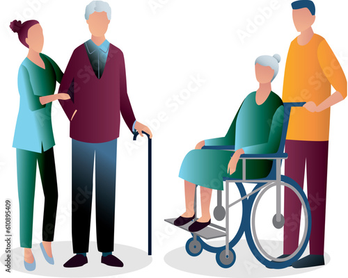 illustration vectorielle moderne montrant l'aide à la personne âgée handicapée et en situation de dépendance.