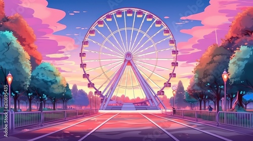Abstract background ferris wheel. The enchanting atmosphere of a carnival with an illustration featuring a dazzling ferris wheel, abstract background, and dynamic banner design. Generative AI.