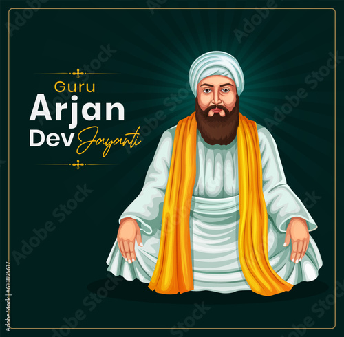 illustration of the Sikh Guru Arjan Dev Ji who is also known as the fifth Sikh Guru, was born on 15 April. Banner for the Guru Arjan Dev Jayanti festival of Sikh template.