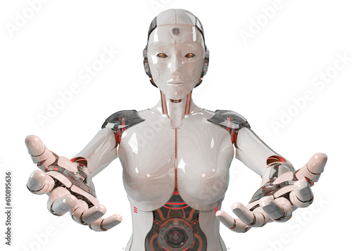 Isolated woman robot opening her two hands. Futuristic cyborg. 3D rendering white and red humanoid cut out with transparent background