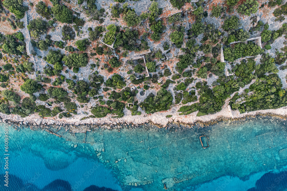Aerial view of an ancient ruins on lycian way route in Turkey
