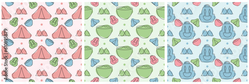 Set of Summer Camp Seamless Pattern Design of Camping and Traveling in Template Hand Drawn Cartoon Flat Illustration