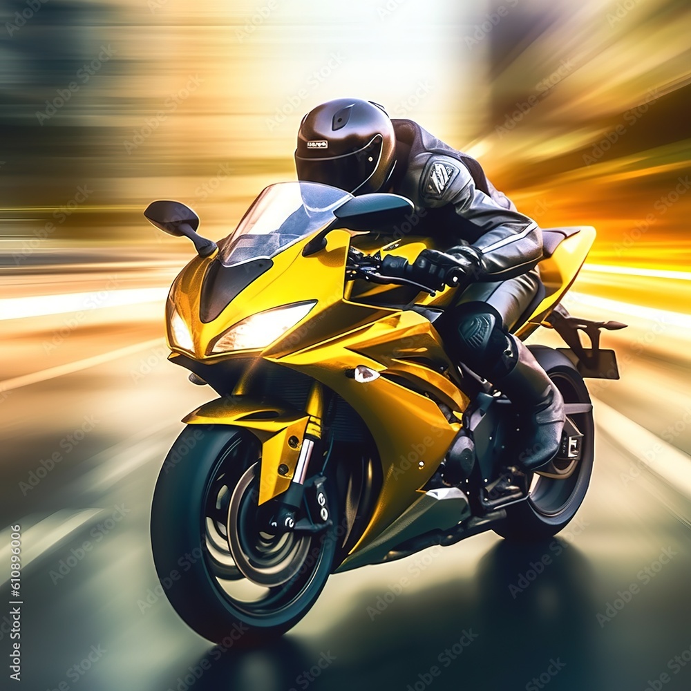 A biker on a yellow sports bike rides along the highway. Blurred motion, fast speed. Generative AI