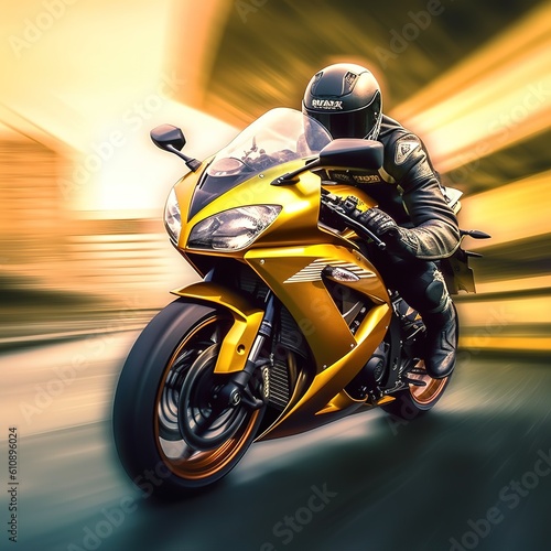 A biker on a yellow sports bike rides along the highway. Blurred motion, fast speed. Generative AI © DZMITRY
