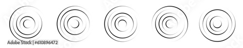 Circular ripple icons collection. Concentric circles with interrupted dotted lines isolated on white background. Vortex, radio or sonar wave, soundwave, sunburst, signal signs