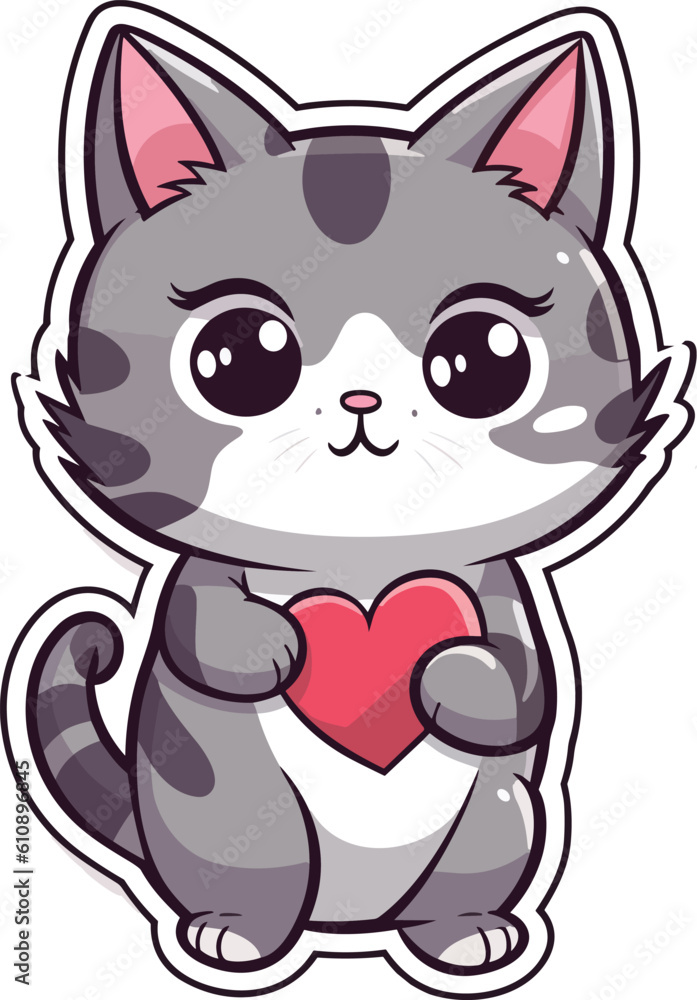Fototapeta premium Furry Love Language: Cute Cat Illustration with Heart Love Symbol Sticker Art