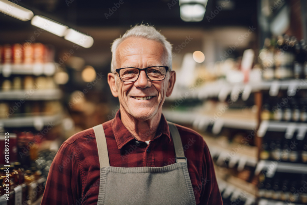 Obraz premium Illustration of retired senior working in grocery store