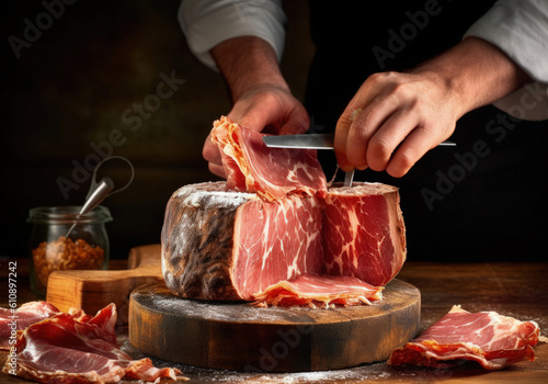 Ham cutter man cutting a piece of ham
