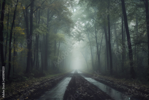 Illustration of wet road in woods and some fog © Kalim
