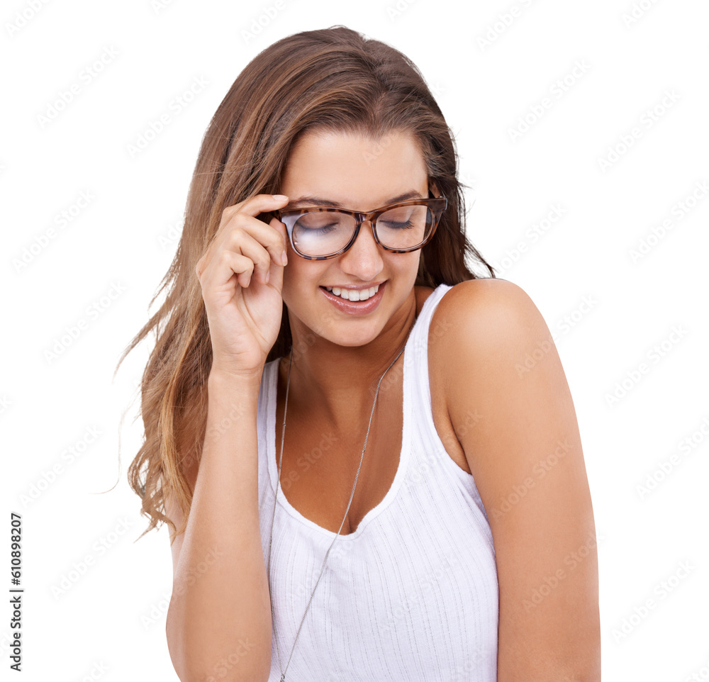 Fashion, glasses and smile of woman isolated on transparent png background. Frame, eyewear model or happy, young and confident person with stylish, trendy or cool designer brand spectacles for vision Fashion, glasses and smile of woman isolated on transparent png background. Frame, eyewear model or happy, young and confident person with stylish, trendy or cool designer brand spectacles for vision
