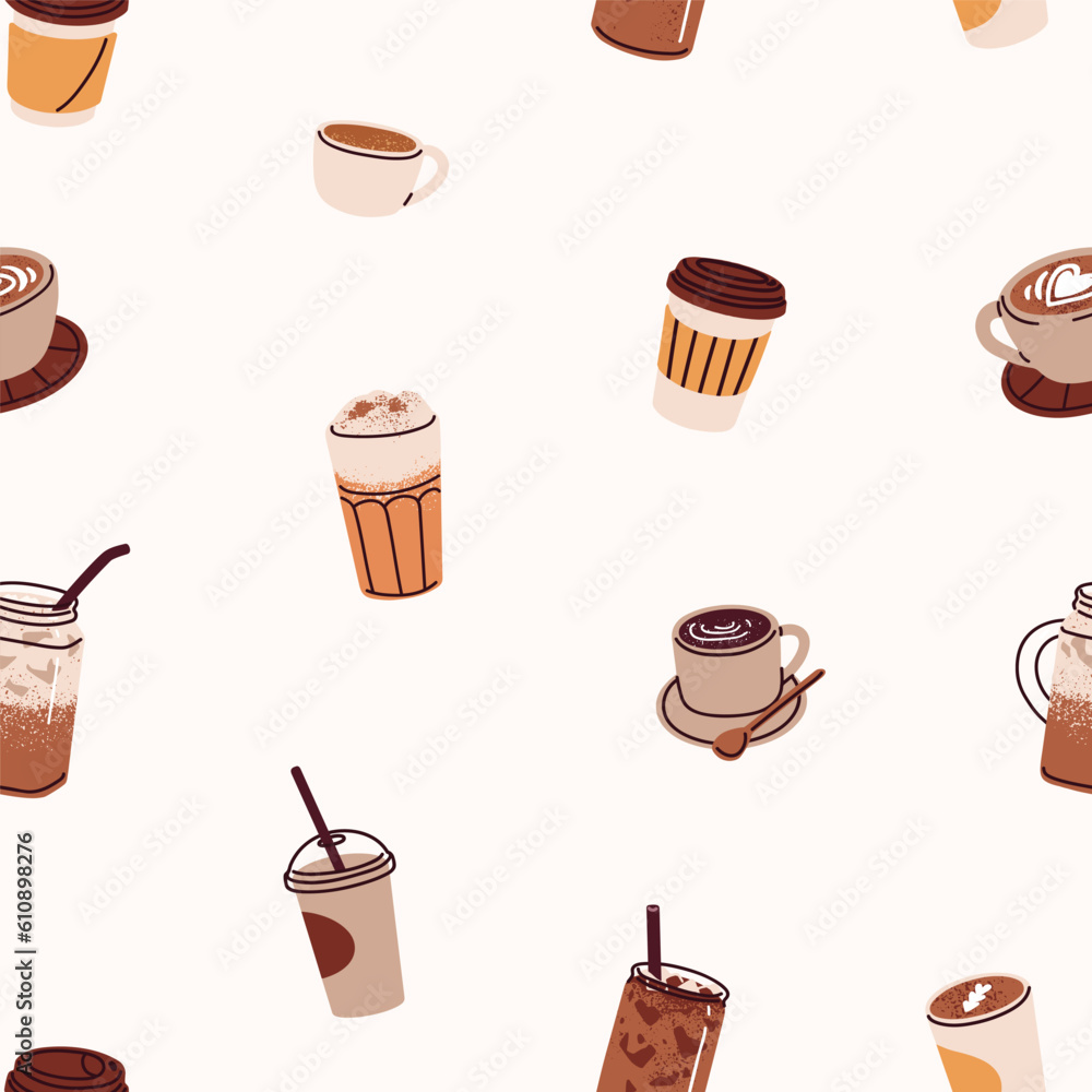 Coffee cups and glasses, seamless pattern design. Caffeine drinks, repeating print. Endless background, hot and cold cafe beverages. Flat vector illustration for textile, wrapping, wallpaper, decor