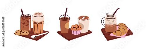 Hot and cold coffee, desserts set. Coffe beverages, cappuccino in glass with straw, cup with bakery, croissant, cookies, cupcake, muffin. Flat graphic vector illustrations isolated on white background