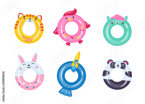 Inflatable swimming rings set. Pool party toys. Summer floating rubber accessories collection