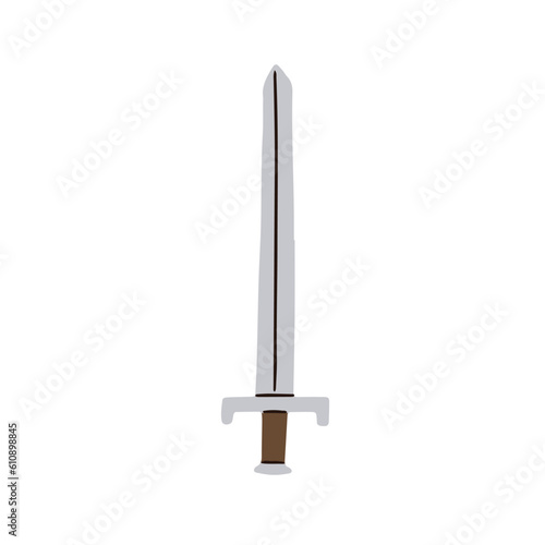 Medieval sword, sharp metal blade and handle. Old steel weapon, long knife, sabre. Military knights armour, ancient historic longsword. Flat vector illustration isolated on white background