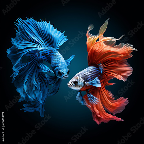 Decorative red and blue fish against a black background  © professionals