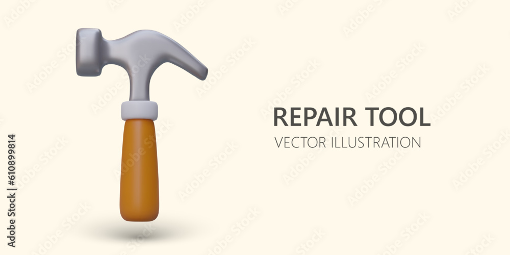 3d realistic tool for repair. Metal hammer with wooden handle. Web poster, landing page with overhaul tool. Colorful vector illustration in orange color with warm background 3d realistic tool for repair. Metal hammer with wooden handle. Web poster, landing page with overhaul tool. Colorful vector illustration in orange color with warm background