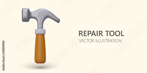 3d realistic tool for repair. Metal hammer with wooden handle. Web poster, landing page with overhaul tool. Colorful vector illustration in orange color with warm background