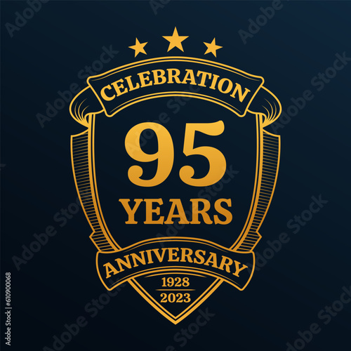 95 years anniversary icon or logo. 95th yubilee celebration, business company birthday badge or label. Vintage banner with shield and ribbon. Wedding, invitation design element. Vector illustration. photo