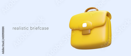 Colorful 3d realistic yellow briefcase. Poster with product for shop selling office bags. Realistic bag with hand. Vector illustration in cartoon style with blue background