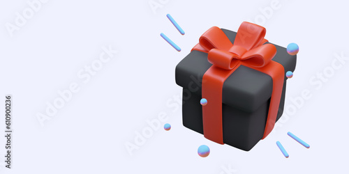 Realistic 3d black gift box with red ribbon. Promo poster with place for text for souvenir shop. Big promotion, gifts to customers concept. Cartoon vector illustration