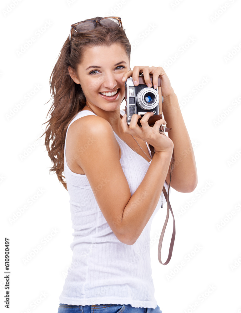 Fototapeta premium Camera, portrait and happy photographer woman isolated on a transparent, png background for picture. Female model person with photography gear for creativity and shooting for hobby, fun or career