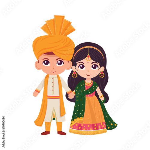 Cute Indian Wedding Couple Character Wearing Traditional Attire in Standing Pose.