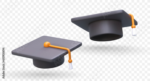 3d realistic academic cap in different positions. Graduation cap for online college website or poster concept. Colorful vector illustration in cartoon style
