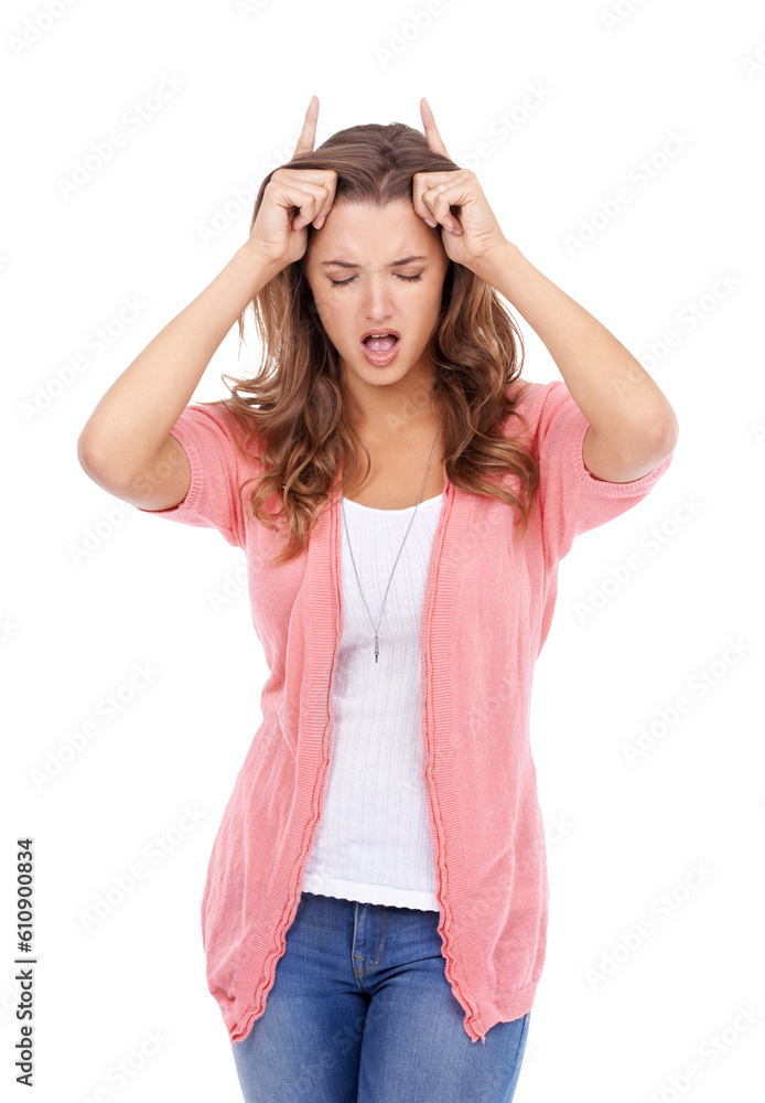 Rock music, woman with horn hands on her head isolated and against a transparent png background. Hard metal or party icon, celebration or excited and female person with emoji hand for culture Rock music, woman with horn hands on her head isolated and against a transparent png background. Hard metal or party icon, celebration or excited and female person with emoji hand for culture