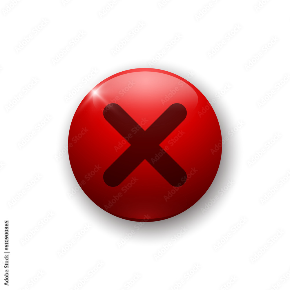 Realistic glossy button with cancel or exit icon. 3d red vector element on white background with shadow underneath. Best for mobile apps, UI and web design. Realistic glossy button with cancel or exit icon. 3d red vector element on white background with shadow underneath. Best for mobile apps, UI and web design.