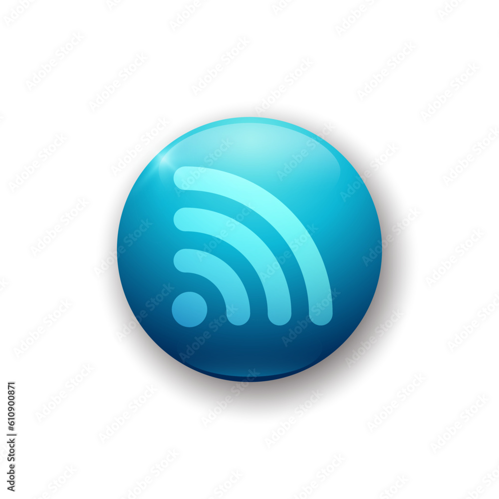 Realistic glossy button with wi-fi icon. 3d vector element of blue color with shadow underneath. Best for mobile apps, UI and web design. Realistic glossy button with wi-fi icon. 3d vector element of blue color with shadow underneath. Best for mobile apps, UI and web design.