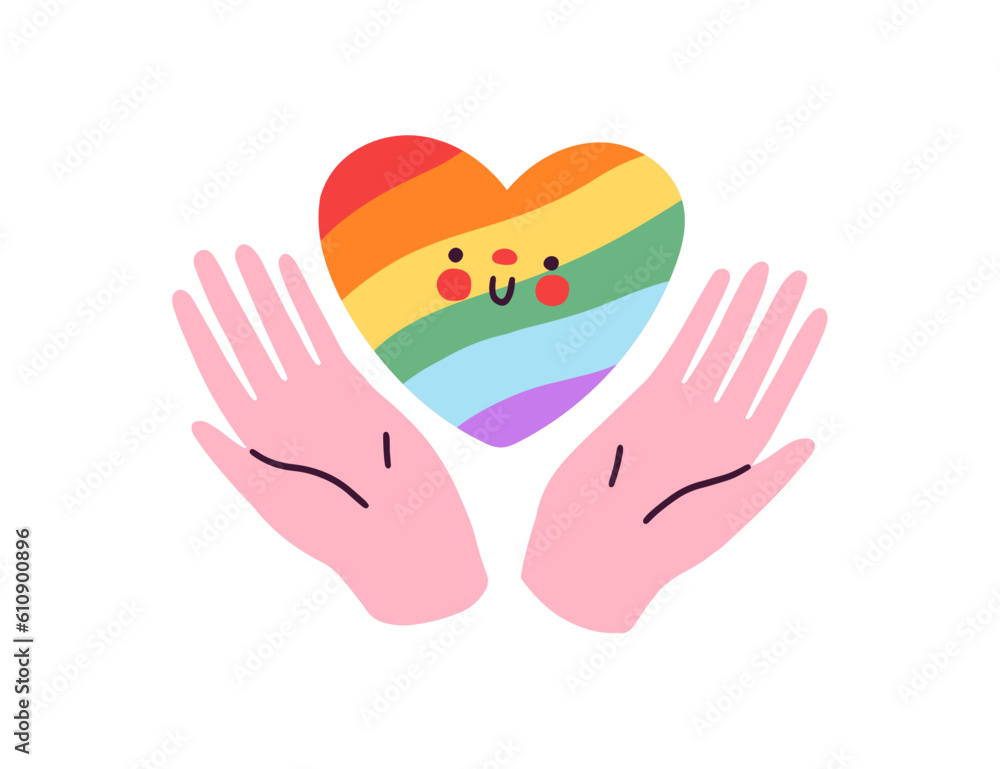 Obraz premium LGBT love heart of rainbow colors. Hands supporting LGBTQ rights, homosexual, bisexual, transgender holiday. Pride month, cute sticker. Flat graphic vector illustration isolated on white background
