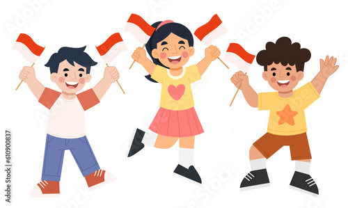 Illustration of cheerful children celebrating Indonesian independence