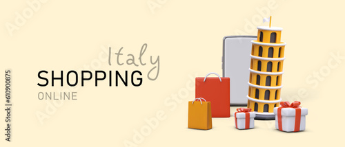 Online shopping in Italy. Buying goods of Italian brands via Internet. Advertising of phone application. Search and purchase of originals, rarities, items from new fashion collections