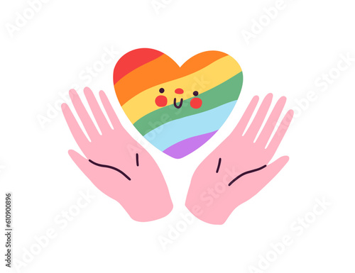 LGBT love heart of rainbow colors. Hands supporting LGBTQ rights, homosexual, bisexual, transgender holiday. Pride month, cute sticker. Flat graphic vector illustration isolated on white background