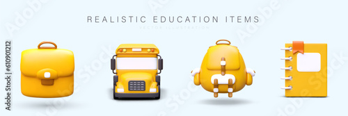 Realistic 3d poster with education items. Poster with briefcase, school bus, backpack and notebook in yellow colors. Colorful vector illustration in cartoon style with blue background