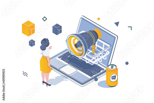 Social media concept in 3d isometric design. Woman blogging online, making advertising campaign with megaphone and collecting audience. Vector illustration with isometric people scene for web graphic