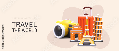 Travel world interestingly and safely. Visit sights, make beautiful selfies, spend time with family, friends. Vacations from professional tour operator. Template of advertising poster in cartoon style