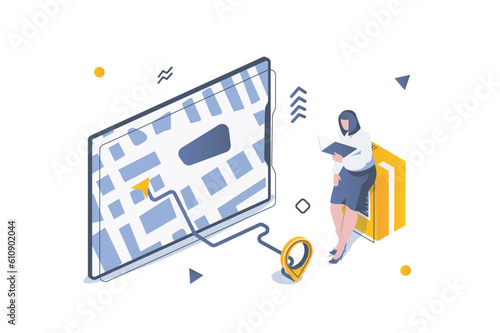 Transportation logistics concept in 3d isometric design. Woman ordering delivery of boxes and tracking route at online map on screen. Vector illustration with isometric people scene for web graphic