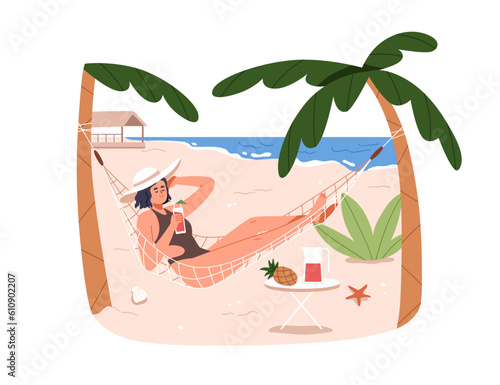 Woman relaxing in hammock on beach, sea resort on summer holiday. Happy girl resting under palm trees, enjoying tropical vacation. Flat graphic vector illustration isolated on white background
