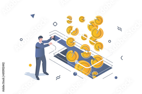 Unemployment crisis concept in 3d isometric design. Man loses broken coins and poor savings, financial problem, bankruptcy and poverty. Vector illustration with isometric people scene for web graphic